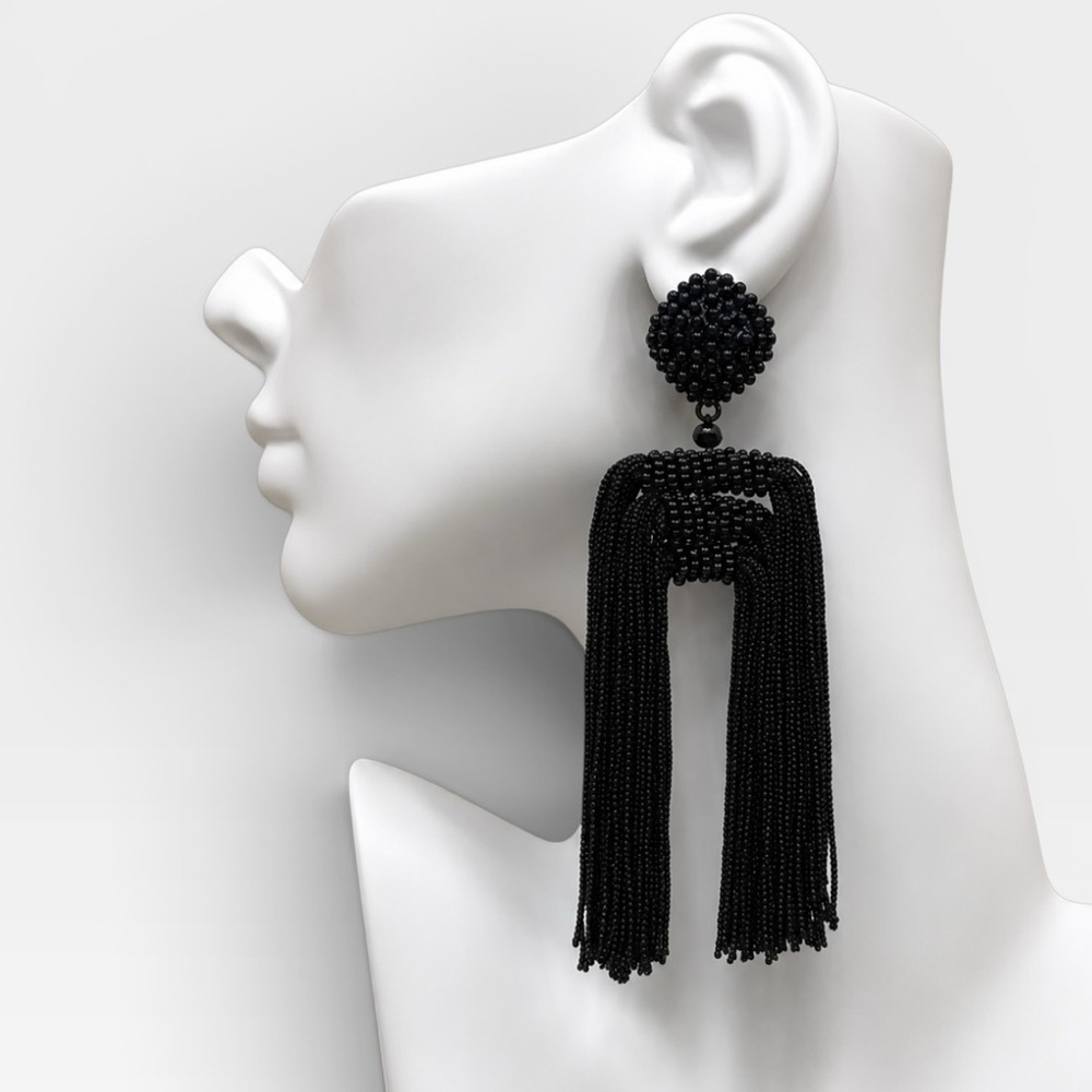 Black Beaded Tassel Statement Earrings